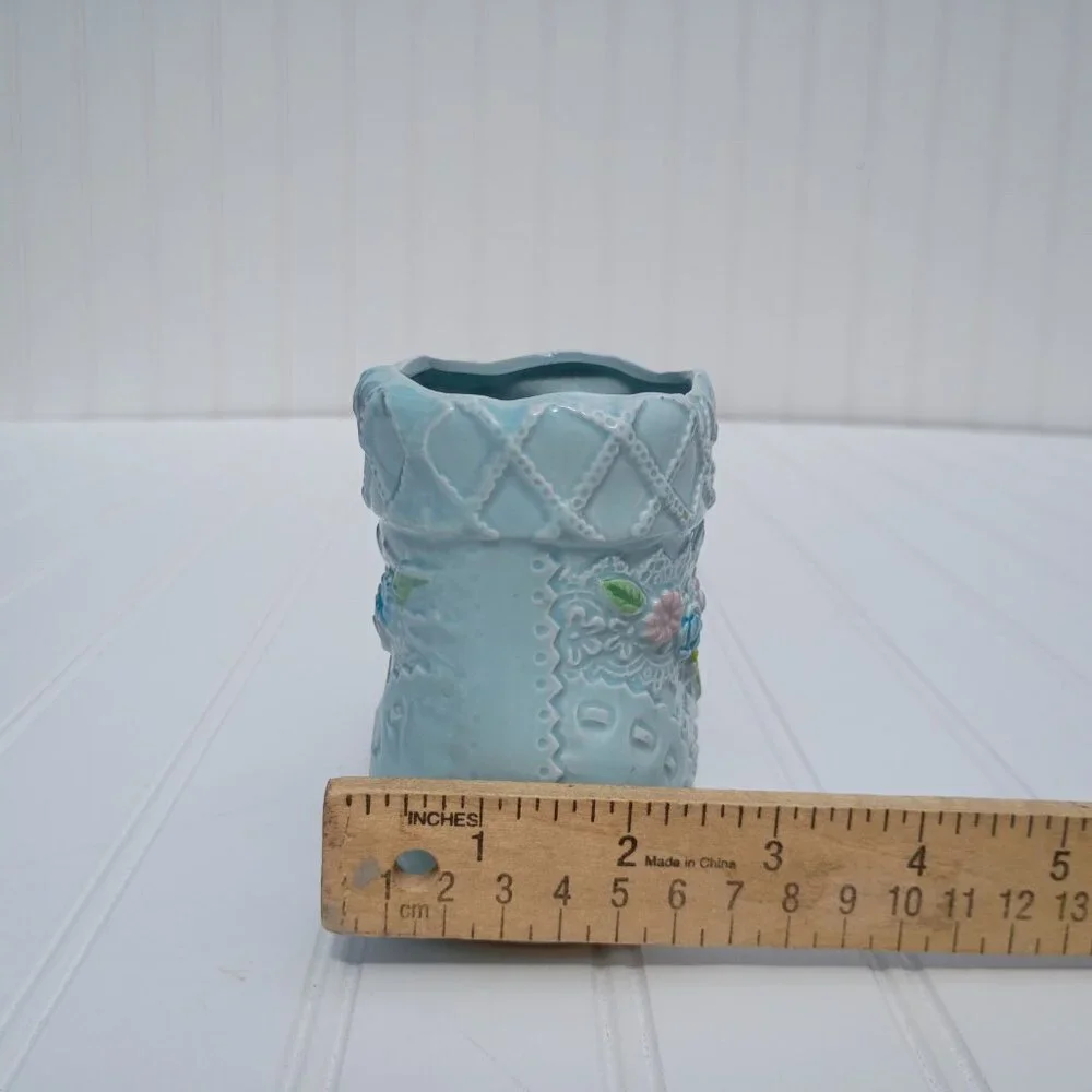 Napco Japan Vintage Baby Bootie Planter Blue Ceramic Laced Flower Mid-Century 4
